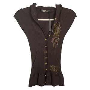 Y2K Ed Hardy Knit Top Women XS Brown Gold Button Rhinestone Animal Butterfly New